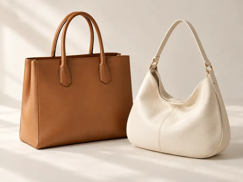 Tan tote and ivory shoulder bag on a neutral studio background