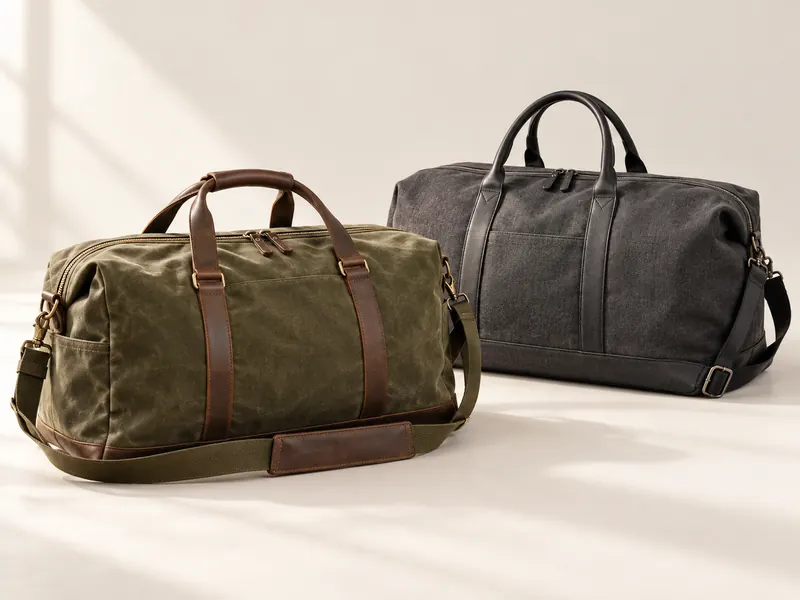 Olive duffel and charcoal weekender bag