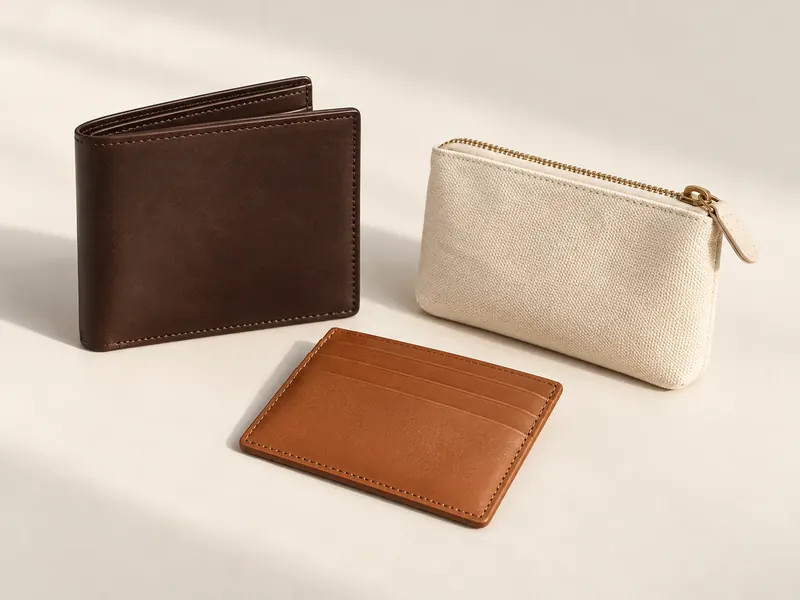 Brown wallet, tan cardholder and cream zipped pouch