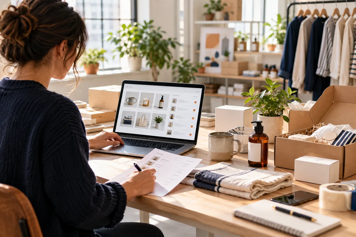 Ecommerce brand operator reviewing product listings and orders beside packaging samples