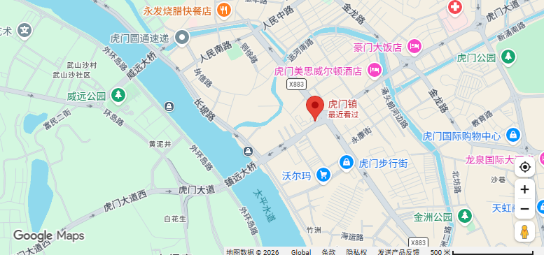 Google Maps overview of Humen, Dongguan, with the township pin