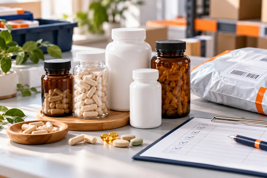 Unbranded supplement bottles and capsules prepared beside a shipping parcel and check sheet