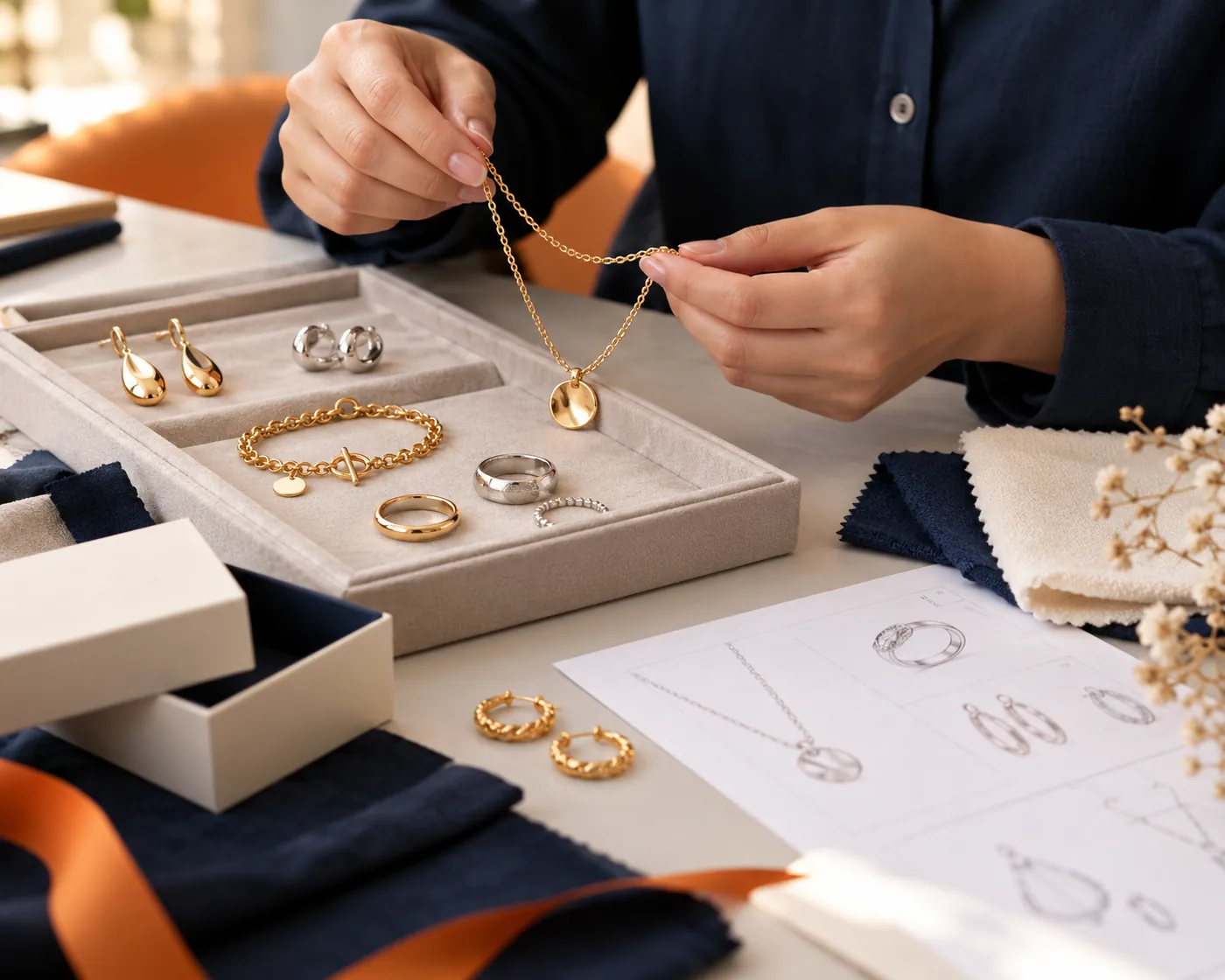 Hands comparing necklace, ring and earring samples in a jewelry sourcing workspace