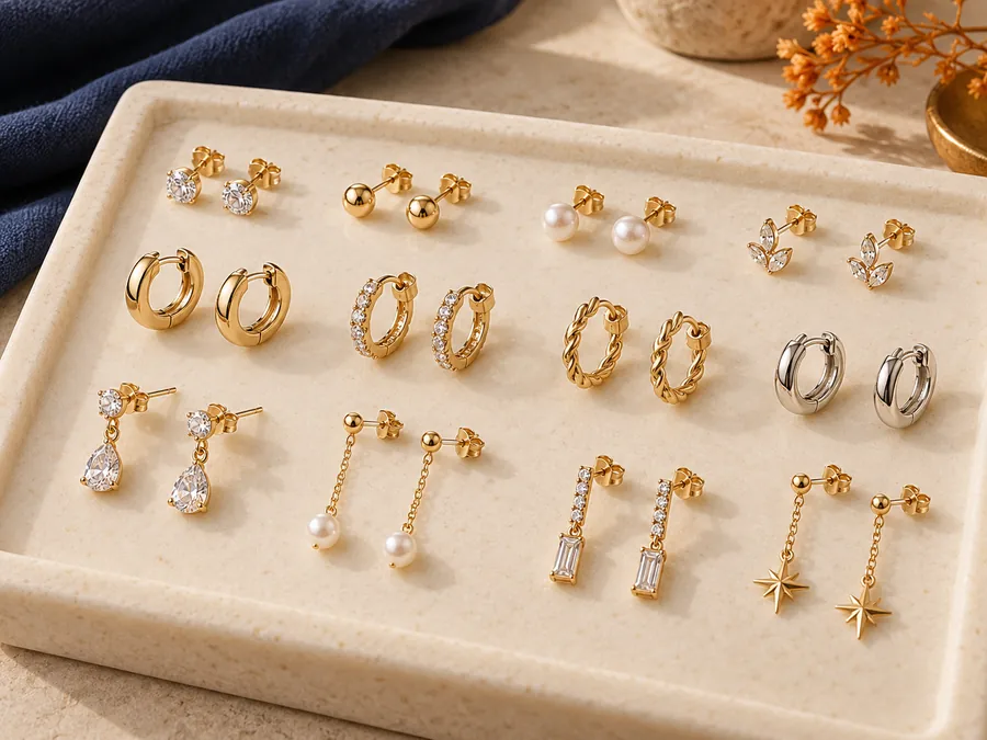 Matching pairs of earrings arranged for product selection