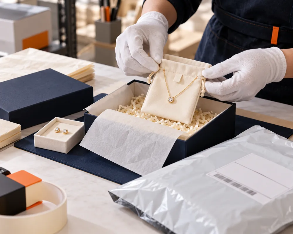 Gloved hands securing a necklace in a pouch and gift box beside earrings and a shipping mailer