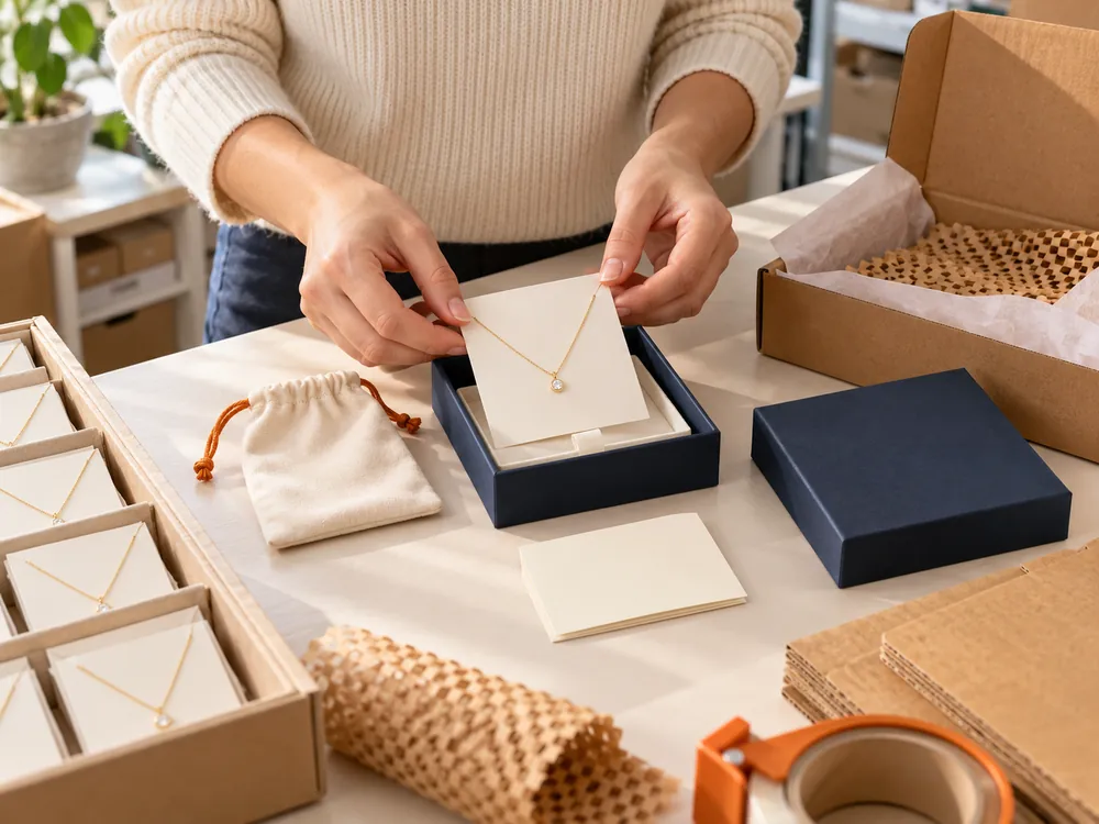 Necklace placed into protective pouch and gift packaging