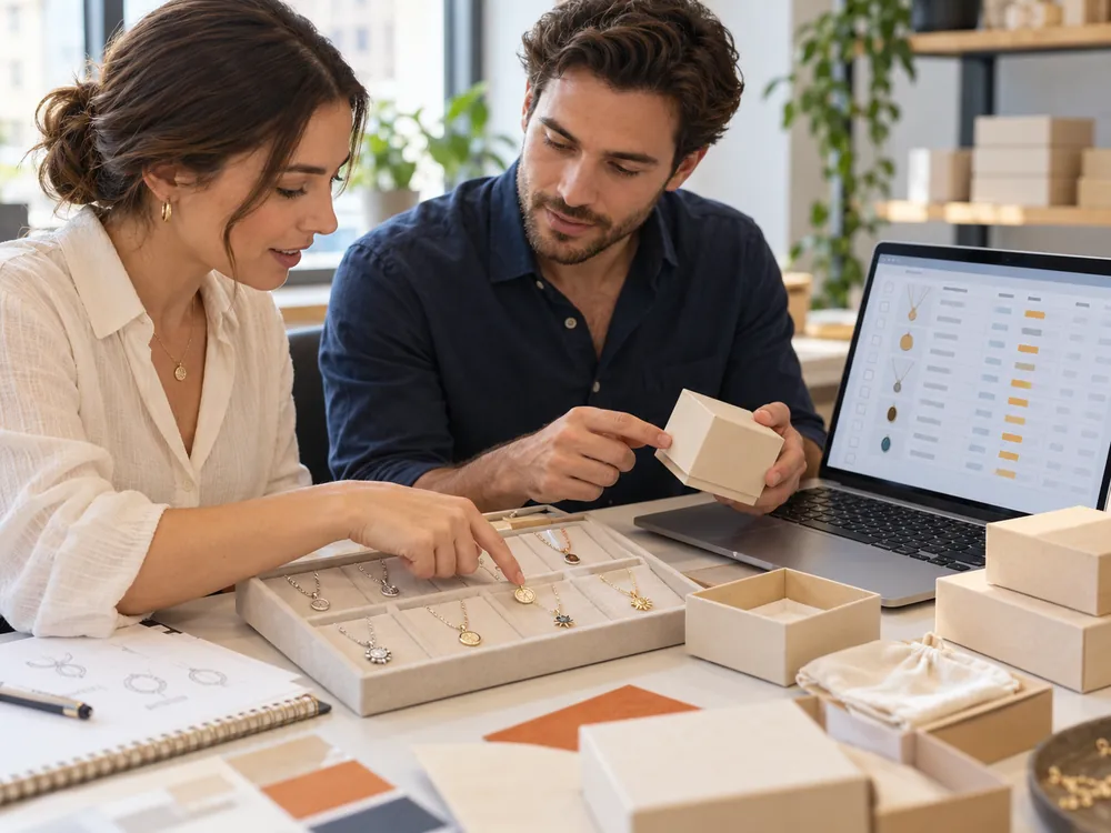Two colleagues coordinating jewelry samples and customer order details