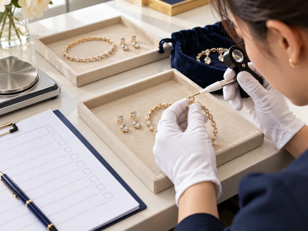 Jewelry sample being inspected with a loupe before approval