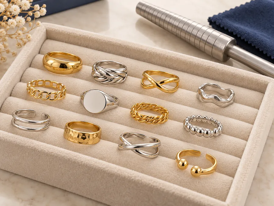 Assorted rings beside a ring sizing gauge