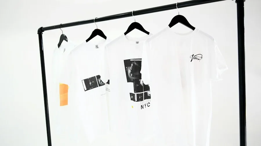 Example of graphic T-shirts displayed together on a clothing rack