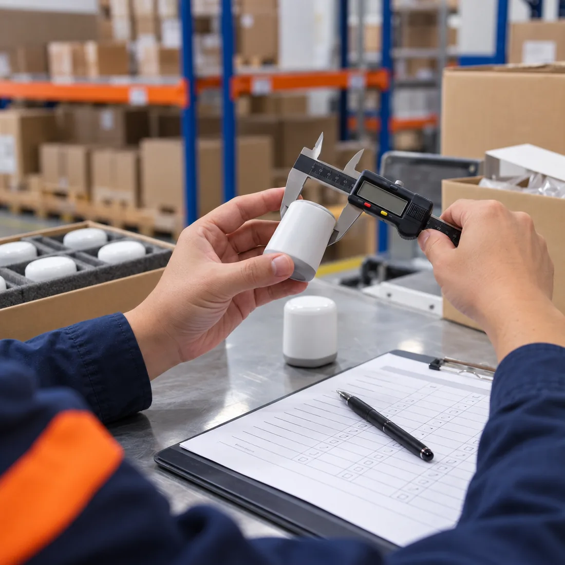 Illustration of a product inspection using a caliper and checklist